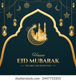 Elegant islamic greetings eid mubarak card design social media post template