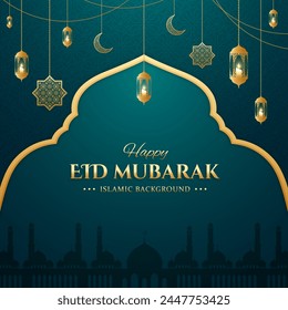 Elegant islamic greetings eid mubarak card design social media post template