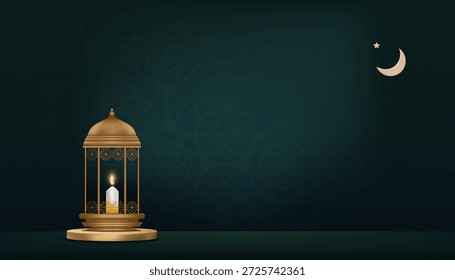 Linterna islámica elegante con luz de vela sobre fondo verde oscuro. Luna creciente y estrella, perfecto para Ramadán, Eid al Fitr, Eid al Adha, año Nuevo islámico o diseño de celebración religiosa