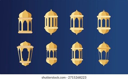 Elegant Islamic Lantern Gold Vector Illustration for Ramadan Kareem and Eid Mubarak, Arabic Lamp Ornament Set, Editable Flat Style Decoration