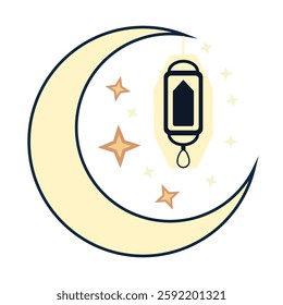 Elegant Islamic Lantern Hanging with Crescent Moon and Stars, Beautiful Ramadan Kareem Greeting Card Illustration Design