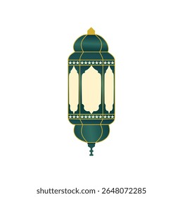 Elegant Islamic lantern vector featuring a traditional fanoos design with rich gold outlines, deep blue body, and soft ivory panels—perfect for Ramadan and Eid celebrations, conveying peace, spiritual