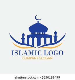 An elegant Islamic logo featuring a mosque dome, minarets, and a crescent moon, symbolizing peace and faith. This design is ideal for mosques, Islamic centers, Quran schools, Hajj and Umrah services, 
