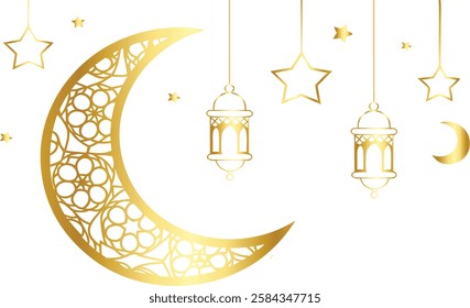 Elegant Islamic Moon and Lanterns Design – Gold Ornamental Crescent, Hanging Stars, and Ramadan Lanterns  