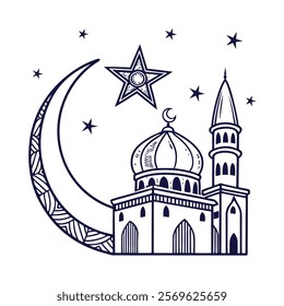 Elegant Islamic Mosque and Crescent Moon Illustration