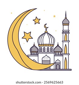 Elegant Islamic Mosque and Crescent Moon Illustration