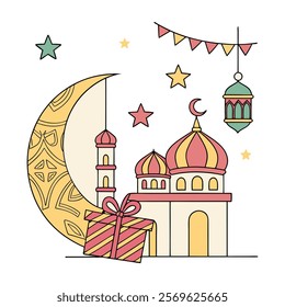 Elegant Islamic Mosque and Crescent Moon Illustration