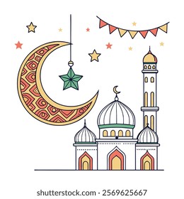 Elegant Islamic Mosque and Crescent Moon Illustration