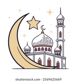 Elegant Islamic Mosque and Crescent Moon Illustration