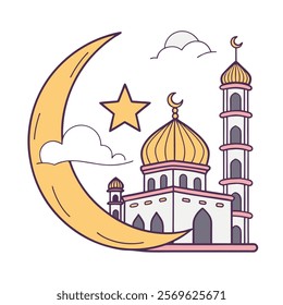 Elegant Islamic Mosque and Crescent Moon Illustration