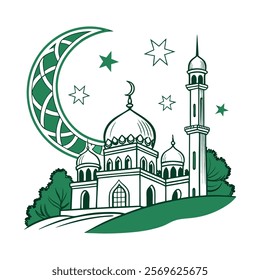 Elegant Islamic Mosque and Crescent Moon Illustration