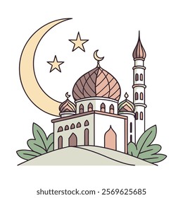 Elegant Islamic Mosque and Crescent Moon Illustration