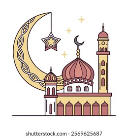 Elegant Islamic Mosque and Crescent Moon Illustration