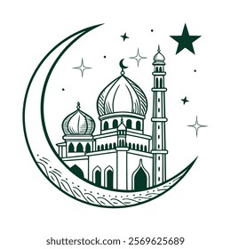 Elegant Islamic Mosque and Crescent Moon Illustration