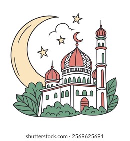 Elegant Islamic Mosque and Crescent Moon Illustration