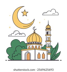 Elegant Islamic Mosque and Crescent Moon Illustration