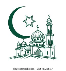 Elegant Islamic Mosque and Crescent Moon Illustration