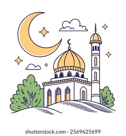 Elegant Islamic Mosque and Crescent Moon Illustration