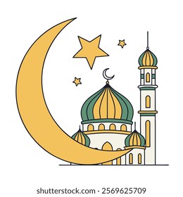 Elegant Islamic Mosque and Crescent Moon Illustration