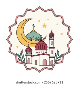 Elegant Islamic Mosque and Crescent Moon Illustration