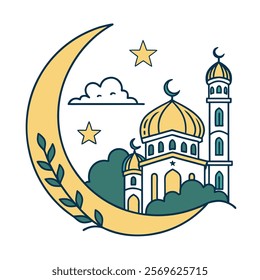 Elegant Islamic Mosque and Crescent Moon Illustration