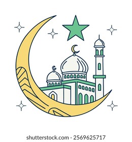 Elegant Islamic Mosque and Crescent Moon Illustration