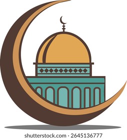 Elegante cúpula da mesquita islâmica dentro de uma lua crescente - símbolo pacífico de fé para as celebrações do Ramadã e do Eid