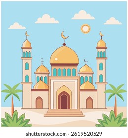 Elegant Islamic Mosque Scene with Crescent and Clouds – Vector Clipart


