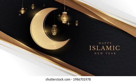 Elegant islamic new year creative card poster background. lamp and half moon golden on pattern black feeling about luxury concept paper cut style. vector illustration for design.