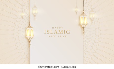 Elegant islamic new year creative card poster background. lamp golden on pattern color cream feeling about luxury concept paper cut style. vector illustration for design.