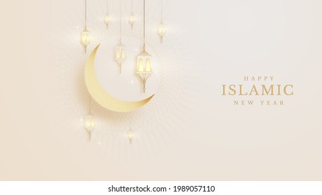 Elegant islamic new year creative card poster background. lamp and half moon golden on pattern color cream feeling about luxury concept paper cut style. vector illustration for design.