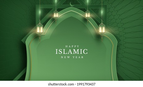 Elegant islamic new year creative card poster background. Lamp and half moon and golden line on pattern. Luxury realistic mosque paper cut style design. Empty space to place text. vector illustration.