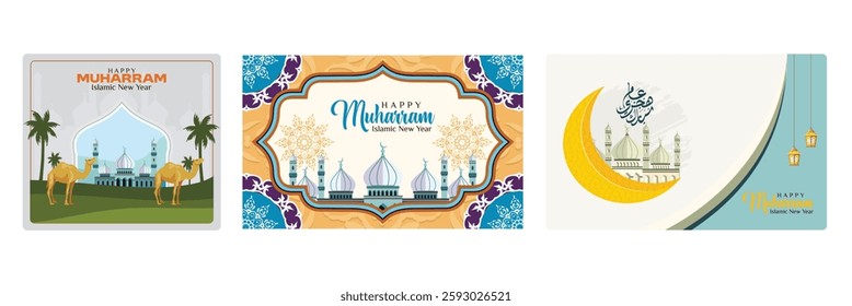Elegant Islamic New Year greeting card design. Happy Muharram greetings featuring mosque. Happy Muharram with lit lanterns. Happy New Hijri Year concept. Set flat vector illustration.