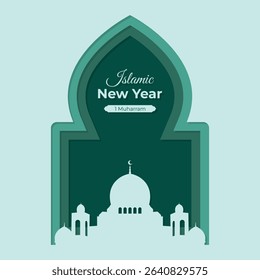 Elegant Islamic New Year greeting card design featuring a mosque silhouette and traditional arch frame with text '1 Muharram' on a blue background.