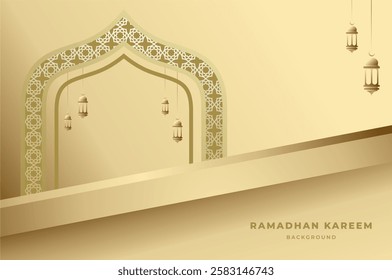 Elegant Islamic ornament and background with lantern, arabic dome and pattern in luxury gold color. Ramadan kareem, eid mubarak, and festival concept.