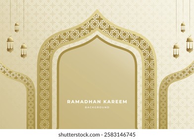 Elegant Islamic ornament and background with lantern, arabic dome and pattern in luxury gold color. Ramadan kareem, eid mubarak, and festival concept.