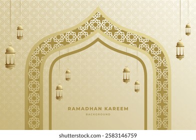 Elegant Islamic ornament and background with lantern, arabic dome and pattern in luxury gold color. Ramadan kareem, eid mubarak, and festival concept.