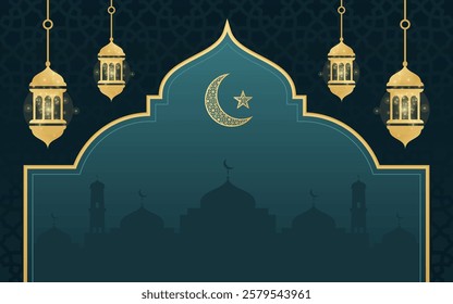 Elegant Islamic Ramadan Background Vector with Siluet Mosque, Crescent Moon and Lanterns