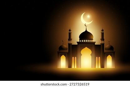 Eleganter islamischer Ramadan- und Id-Hintergrund. Nachts leuchtende Moschee mit Halbmond und Stern. Symbol des Ramadan, Eid al-Fitr, Eid al-Adha und großer Kopienraum