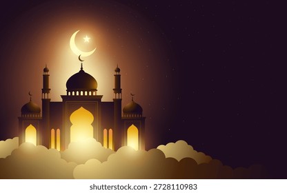Elegante Ramadán islámico y fondo de Eid. Mezquita brillante en la noche con luna creciente, estrellas y nubes. Símbolo de Ramadán, Eid al-Fitr, Eid al-Adha y espacio de copia Grande