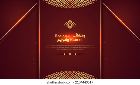 Elegant Islamic Red and Gold Luxury Ramadan Kareem Islamic Background. With Arabic Pattern, Islamic Border, and Decorative Hanging Lanterns Ornament. 