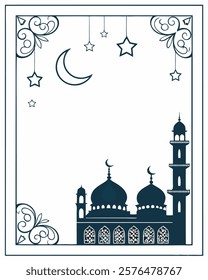 Elegant Islamic Vector design featuring a Mosque, Crescent Moon, and hanging stars for business use