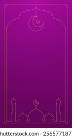 Elegant Islamic Vertical Copy Space Background in Violet with Gold Mosque Silhouette and Crescent Moon Frame