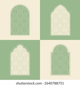 Elegant Islamic window arch vector, highlighting diverse arabesque geometric shapes and intricate patterns