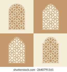 Elegant Islamic window arch vector, highlighting diverse arabesque geometric shapes and intricate patterns
