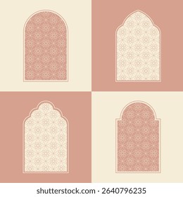 Elegant Islamic window arch vector, highlighting diverse arabesque geometric shapes and intricate patterns