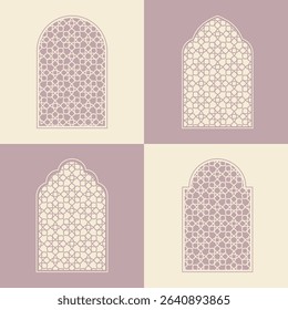 Elegant Islamic window arch vector, highlighting diverse arabesque geometric shapes and intricate patterns