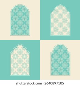Elegant Islamic window arch vector, highlighting diverse arabesque geometric shapes and intricate patterns