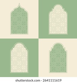 Elegant Islamic window arch vector, highlighting diverse arabesque geometric shapes and intricate patterns