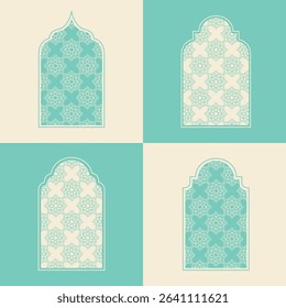 Elegant Islamic window arch vector, highlighting diverse arabesque geometric shapes and intricate patterns
